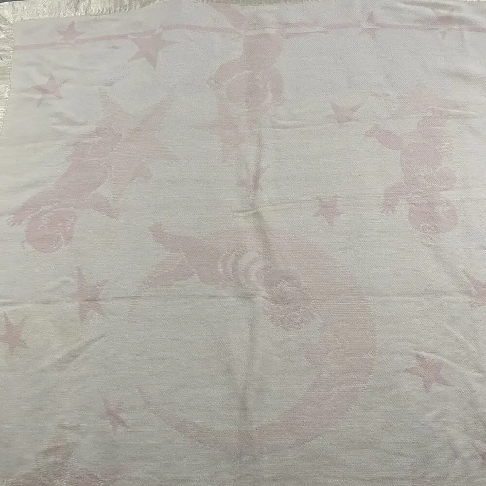 Vintage Baby Girl Nursery Crib Blanket Pink Satin Trim 33 x 39 Moon Stars *Read*